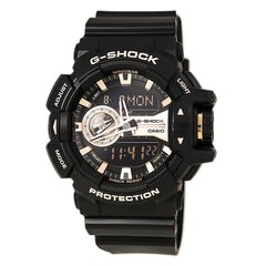 Casio Men's G-Shock Black Resin Strap Ana-Digi Black & Rose Gold Dial Quartz Dive Watch | GA400GB-1A4