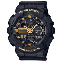Casio Women's Alarm Watch - G-Shock Black and Gold Tone Dial Resin Strap | GMAS140M-1A