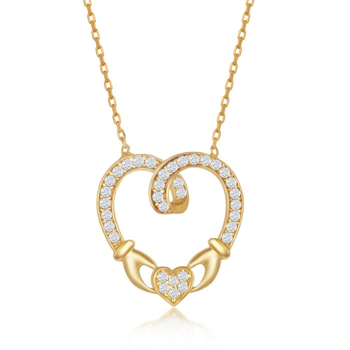 Classic Sterling Silver Gold Plated CZ Claddagh Heart Necklace