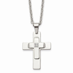 Stainless Steel Polished CZ Cross Necklace