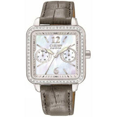 Citizen FD1050-08D Women's Eco-Drive Grey Leather Strap MOP Dial Swarovski Crystal Watch