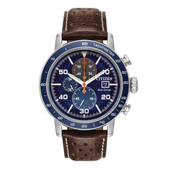 Citizen Men's Chronograph Watch - Brycen Blue Dial Brown Leather Strap | CA0648-09L