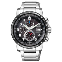 Citizen Men's Chronograph Watch - Eco-Drive Black Dial Steel Bracelet | AT8124-83E