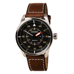 Citizen Men's Leather Strap Watch - Avion Eco-Drive Charcoal Dial | AW1361-10H