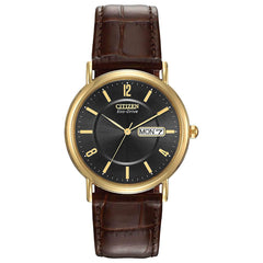 Citizen Men's Strap Watch - Eco Drive Day-Date Black Dial Brown Leather | BM8242-08E