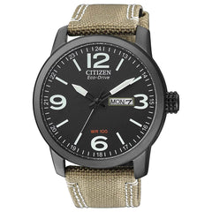 Citizen Men's Watch - Eco-Drive Day-Date Black Dial Beige Nylon Strap | BM8476-23E