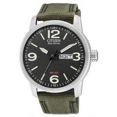 Citizen Men's Watch - Eco-Drive Day-Date Black Dial Green Nylon Strap | BM8470-11E