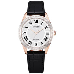 Citizen Women's Diamond Watch - Arezzo Silver Dial Black Leather Strap | EM0883-05A