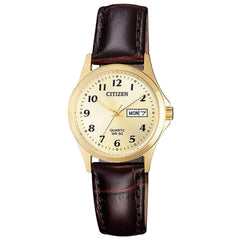 Citizen Women's Quartz Watch - Dress Gold Tone Dial Brown Leather Strap | EQ2002-07P