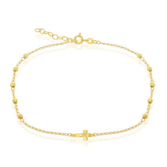 Classic Women's Anklet - GP Sterling Diamond Cut Beads with Small Cross | R-9105-GP