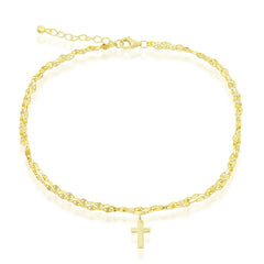 Classic Women's Anklet - GP Sterling Double Strand Chain Cross Charm | R-9260-GP