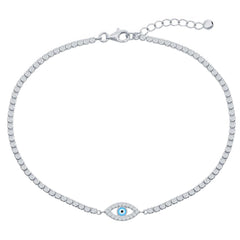 Classic Women's Anklet - Sterling Silver Evil Eye Enamel White CZ Tennis | R-9285
