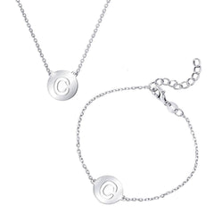 Classic Women's Bracelet and Necklace Set - Cut-Out Shiny C Disc Initial | SET-503