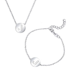 Classic Women's Bracelet and Necklace Set - Cut-Out Shiny J Disc Initial | SET-509