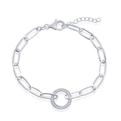 Classic Women's Bracelet - Sterling Silver White CZ Circle Paperclip Link | T-7967