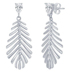 Classic Women's Dangle Earrings - SS Cut-Out Leaf with Small Pear-shaped CZ | D-8408