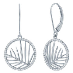 Classic Women's Earrings - Round CZ Outline with Center Cut-Out Leaf Dangle | D-8409