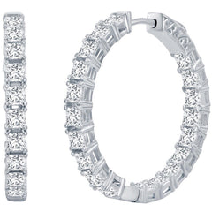 Classic Women's Earrings - Silver 3x30mm Square White CZ Inside Outside Hoop | D-7977