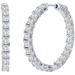 Classic Women's Earrings - Silver 3x35mm Square White CZ Inside Outside Hoop | D-7978