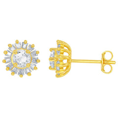 Classic Women's Earrings - Small Round CZ with Baguette Border Stud | D-6040
