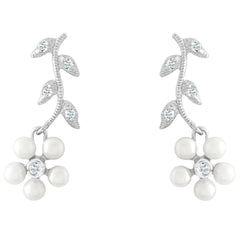 Classic Women's Earrings - Sterling Pearl Flowers and Clear CZ Leaves | D-2268