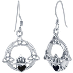 Classic Women's Earrings - Sterling Silver Black Onyx Heart Celtic Claddagh | D-8093
