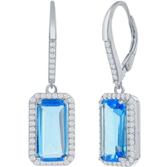 Classic Women's Earrings - Sterling Silver Emerald Cut Aqua CZ with Halo | D-7902