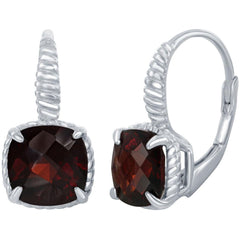 Classic Women's Earrings - Sterling Silver Four Prong Garnet Gemstone Square | D-6960