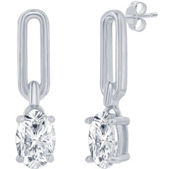 Classic Women's Earrings - Sterling Silver Paperclip Oval White CZ Post Back | D-8257