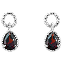 Classic Women's Earrings - Sterling Silver Pear Shape Garnet Twisted Wire | D-4031