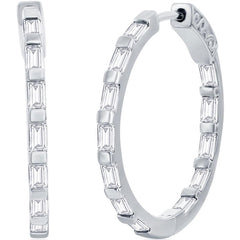 Classic Women's Earrings - Sterling Silver White CZ Stone Baguette 25mm Hoop | D-8199