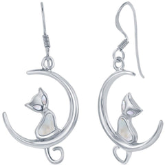 Classic Women's Earrings - Sterling Silver White Mother of Pearl Cat on Moon | D-8030
