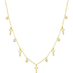 Classic Women's Necklace - Alternating GP Cross and Bezel-Set CZ | M-6802-GP