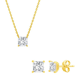 Classic Women's Necklace and Earrings Set - Gold Plated Princess Cut CZ | SET-611
