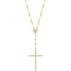 Classic Women's Necklace - Gold Plated White CZ Stone Cross Mirror Chain | M-6997-GP