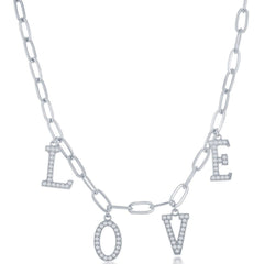 Classic Women's Necklace - Sterling Silver CZ LOVE with Paperclip Chain | M-6726