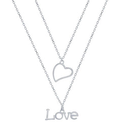 Classic Women's Necklace - Sterling Silver Heart and 'Love' Layered | L-4371