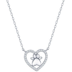 Classic Women's Necklace - Sterling Silver Heart Paw Print Design White CZ | M-7053