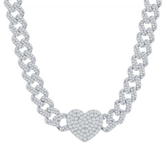 Classic Women's Necklace - Sterling Silver Micro Pave CZ Monaco Chain Heart | M-6922