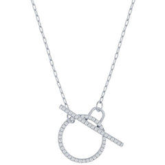 Classic Women's Necklace - Sterling Silver Paperclip White CZ Circle Toggle | M-6978