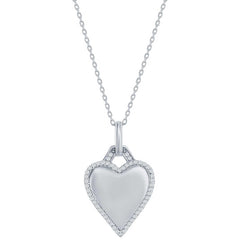 Classic Women's Necklace - Sterling Silver Polished Heart White CZ Border | M-7043