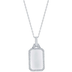 Classic Women's Necklace - Sterling Silver Rectangle Dog Tag with CZ Border | M-7037
