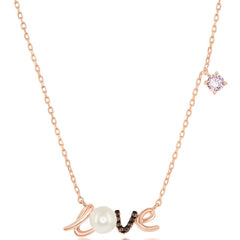 Classic Women's Necklace - Sterling Silver Rose Gold FWP and Pink CZ LOVE | M-6609