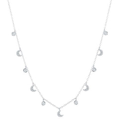 Classic Women's Necklace - Sterling Silver Station Round & Crescent Moon CZ | M-6809