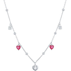Classic Women's Necklace - Sterling Silver White and Ruby CZ Heart Beaded | M-6813