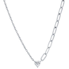 Classic Women's Necklace - Sterling Silver White CZ Heart and Half Paperclip | M-7077