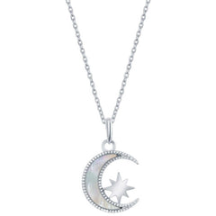 Classic Women's Necklace - Sterling Silver White MOP Crescent Moon with Star | M-6800