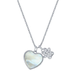 Classic Women's Necklace - Sterling Silver White MOP Heart and CZ Paw Print | M-7093