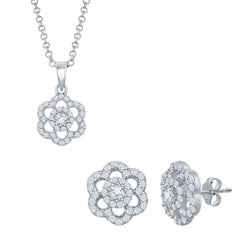 Classic Women's Pendant and Earrings Set - Sterling CZ Flower with Chain | SET-423