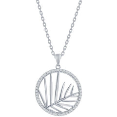 Classic Women's Pendant - Silver Round CZ Outline with Center Cut-Out Leaf | K-9043